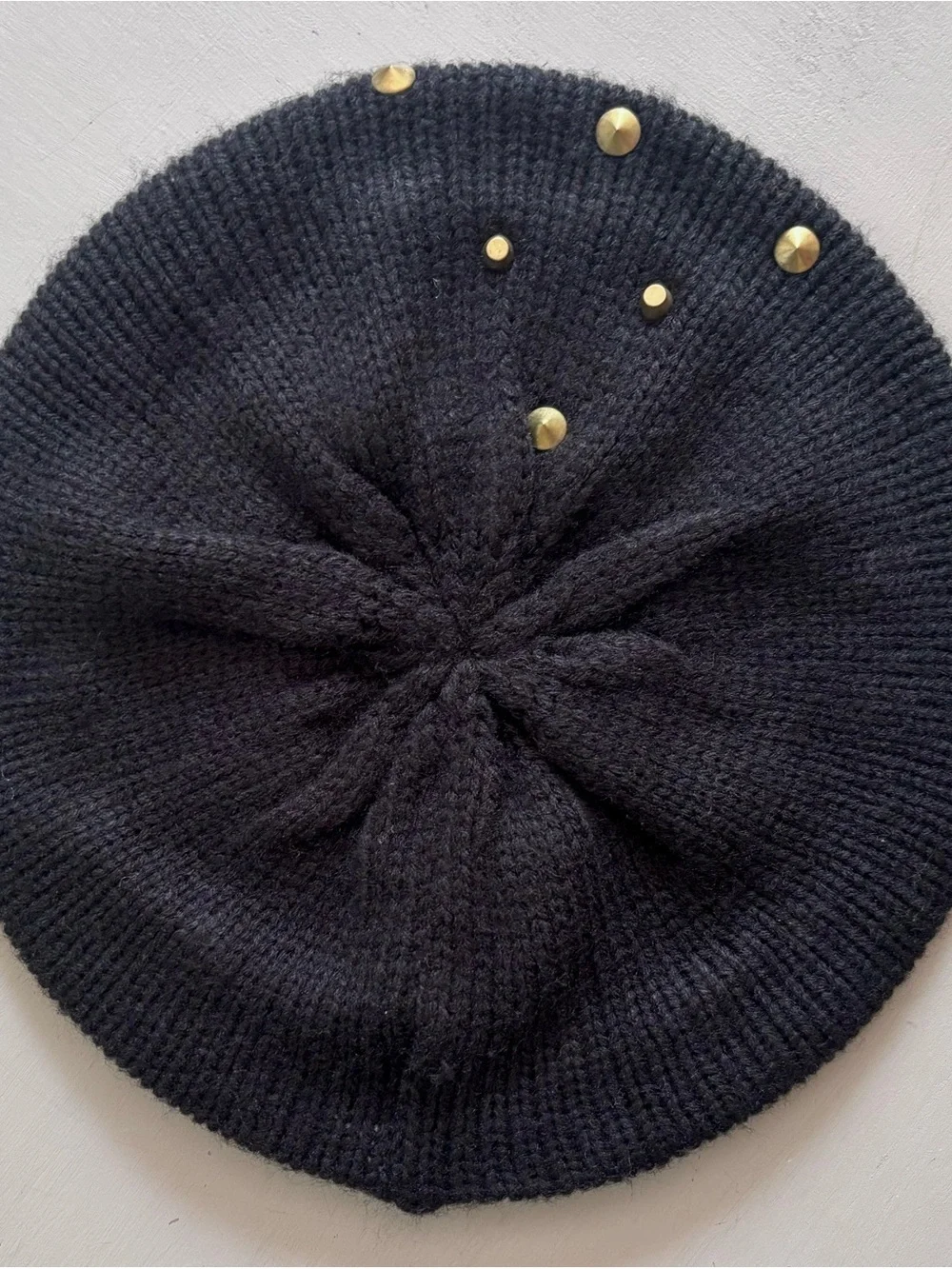 Soft Ribbed Knit Beret Gold Metal Studded Accents
